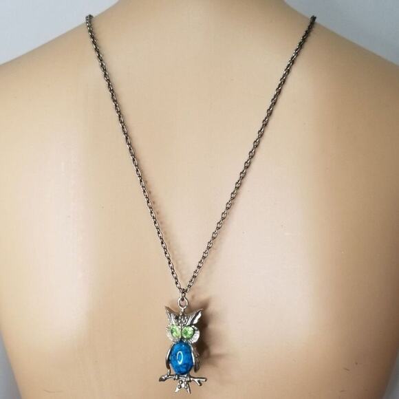 60s Vintage Turquoise Belly Green Crystal Eyes Owl Pendant Chain Link Necklace - Picture 3 of 7